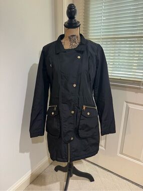 bebe Black Trench Coat with Gold Hardware